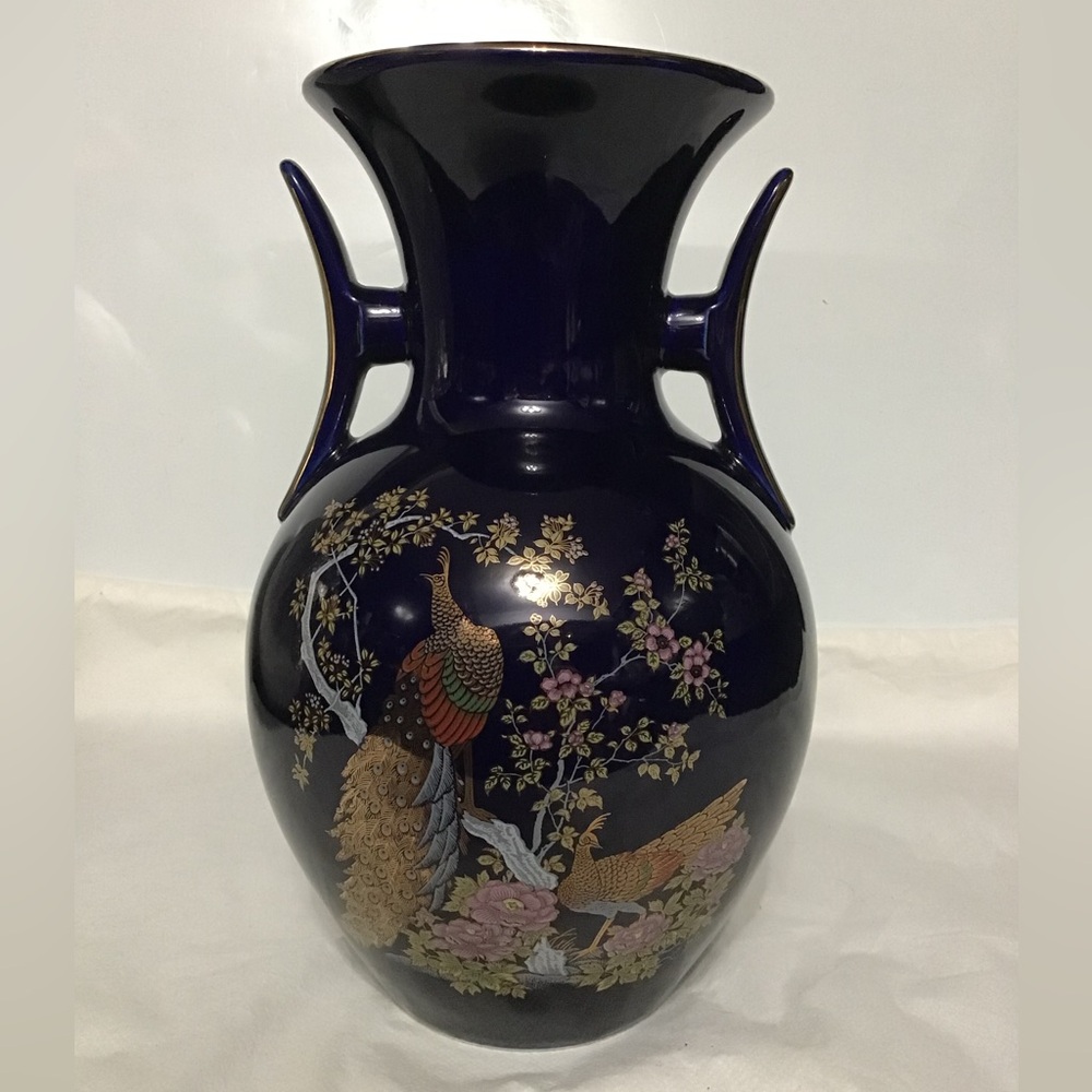 Vintage Cobalt Blue Peacock Porcelain Vase Kutani Style Flowers Gold Japan 10.5”